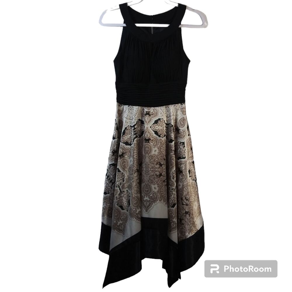 Melrose Black Beige Paisley Asymmetrical Dress Handkerchief Satin Size 8
